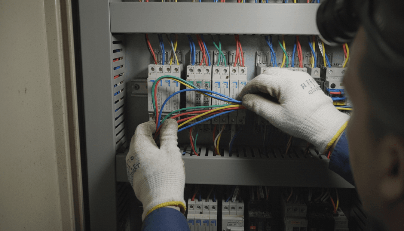 Technician tracing wires on a PLC rack
