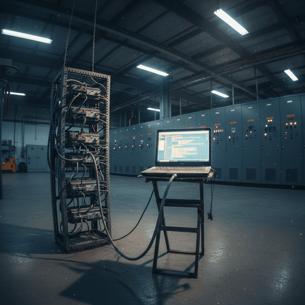 Laptop connected to a PLC on a factory floor