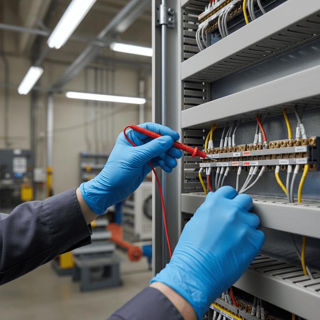 Technician testing terminals with a multimeter