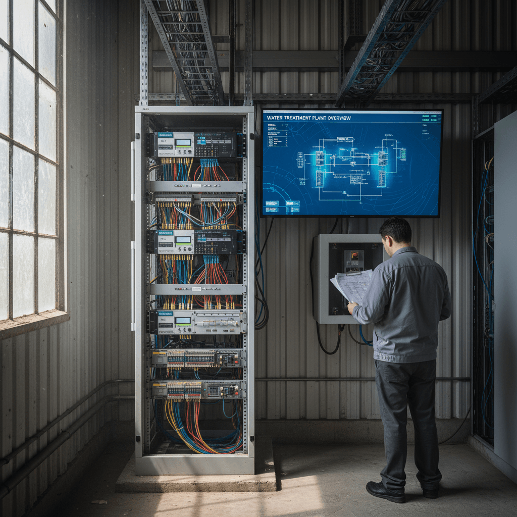 SCADA system equipment rack in a water treatment facility with a technician reviewing blueprints
