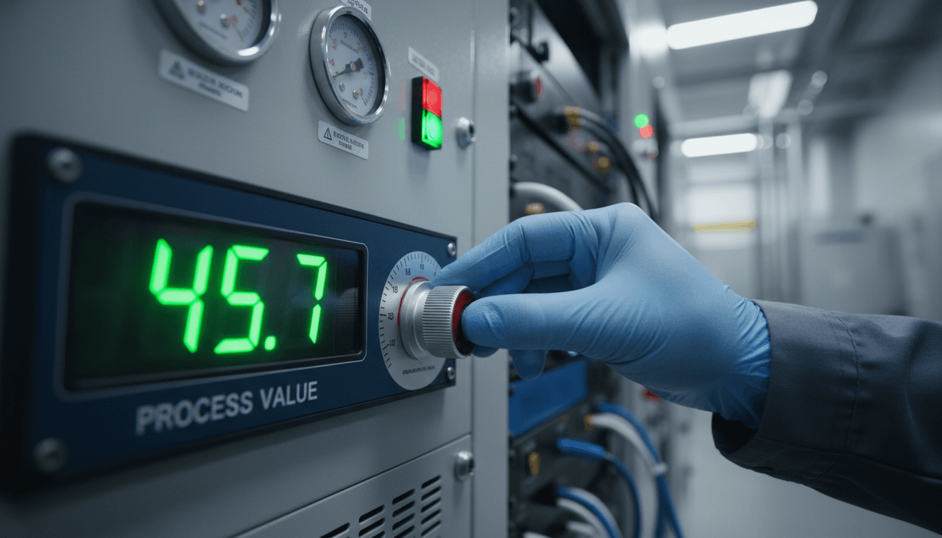 Technician adjusting control panel dial in an industrial setting, showing precision and expertise