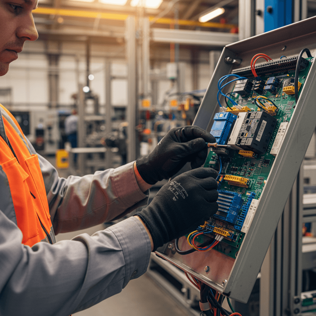Technician wiring a control panel