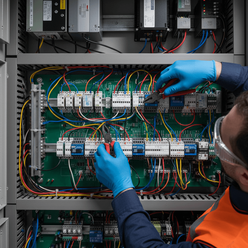 Neatly wired industrial control panel in fabrication shop