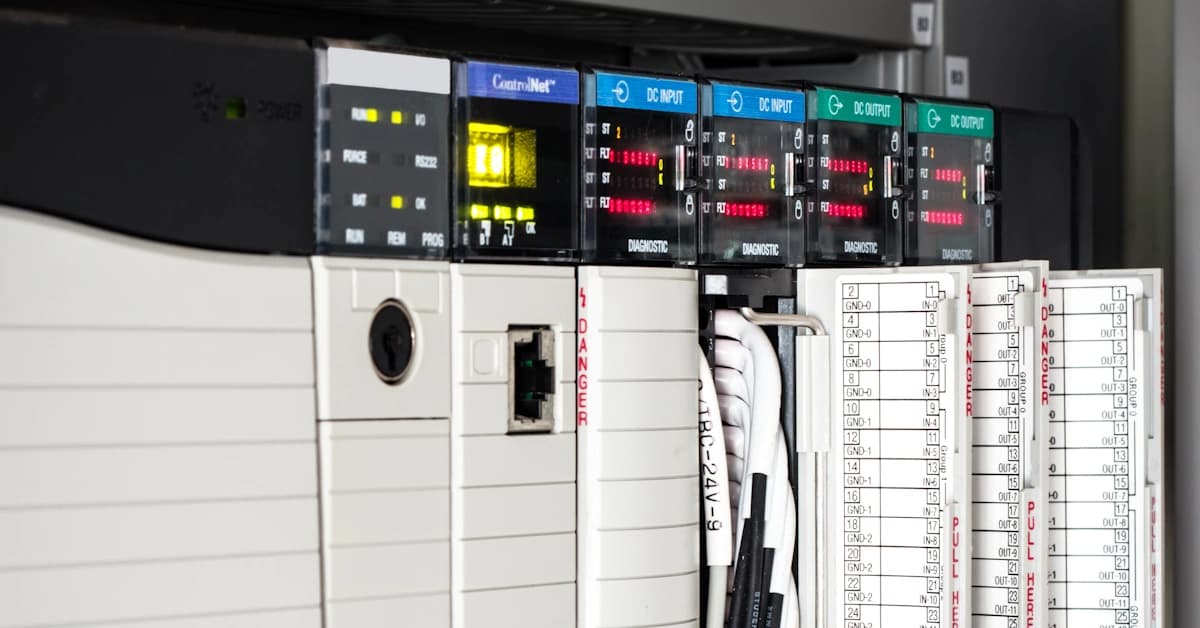Industrial PLC system with modules showing status lights, digital displays, and electrical wiring.